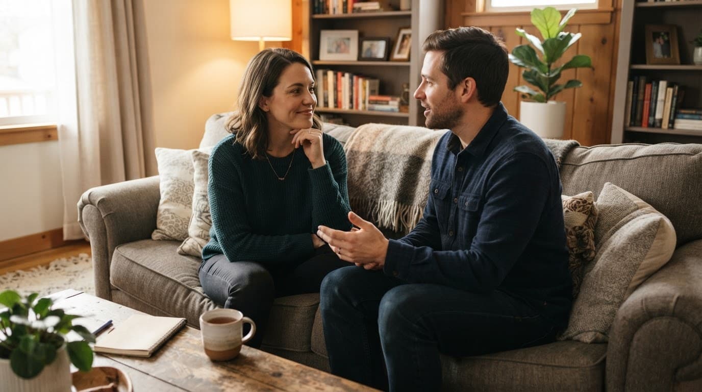A couple calmly talking together on a couch in a softly lit living room.