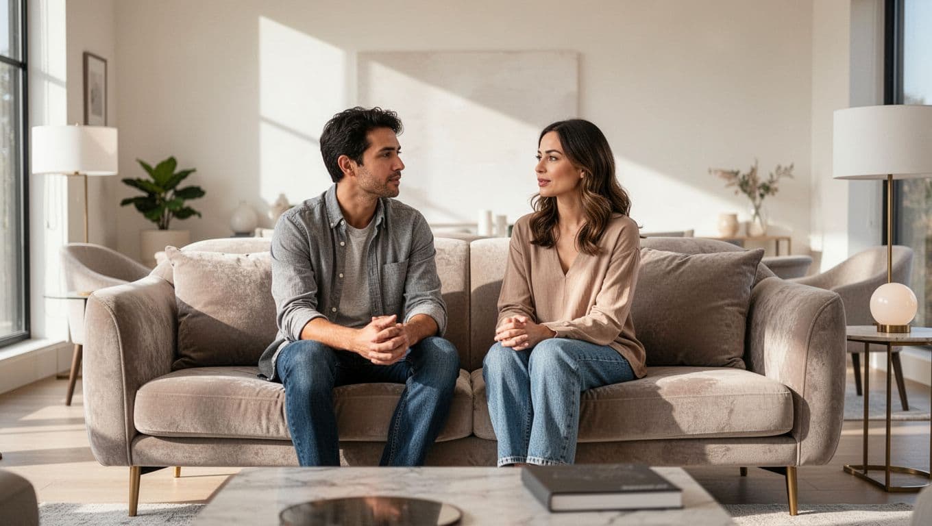 A couple calmly talking together on a modern sofa in a bright living room.