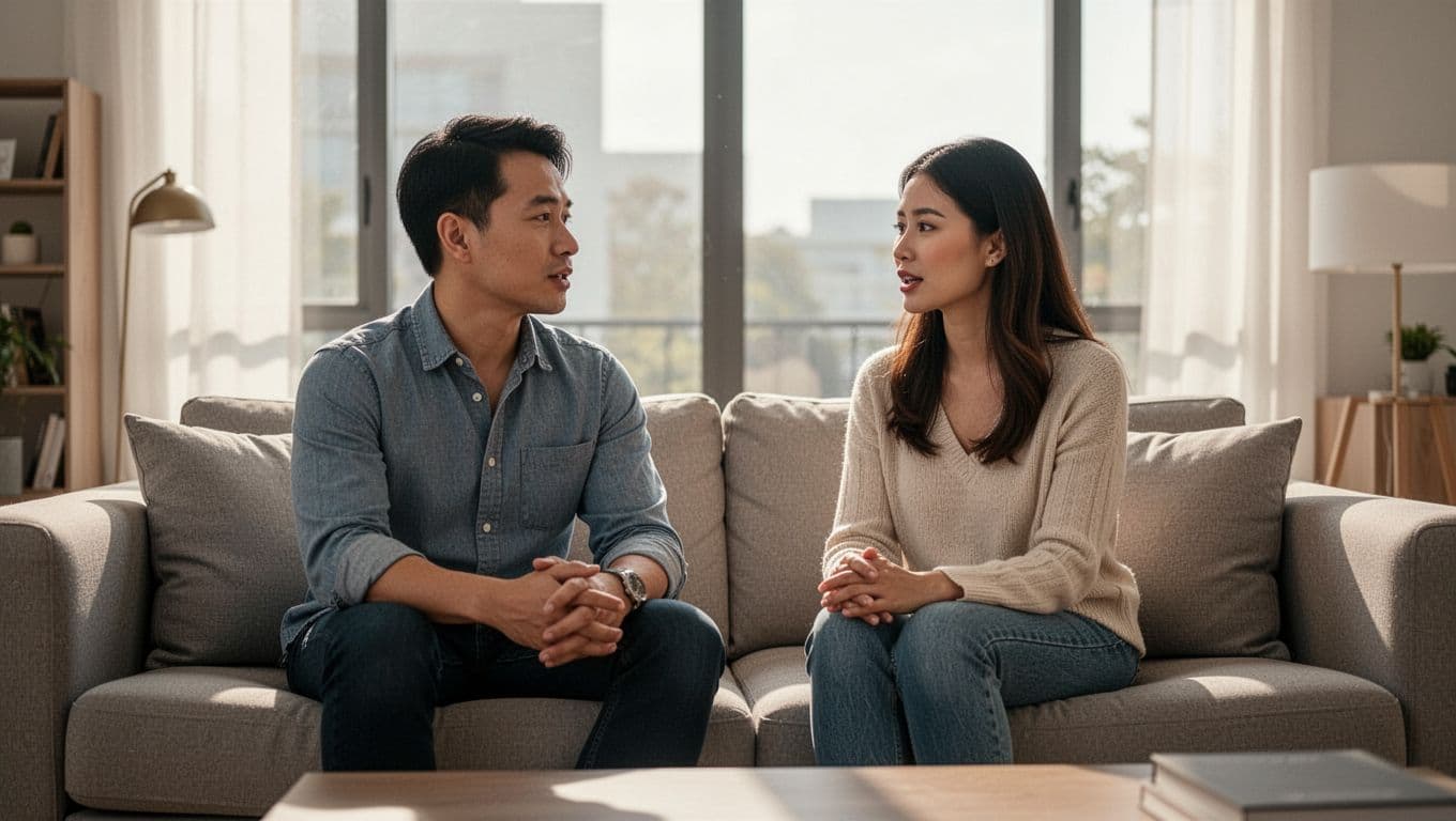 A couple calmly talking together on a sofa in a bright modern living room.