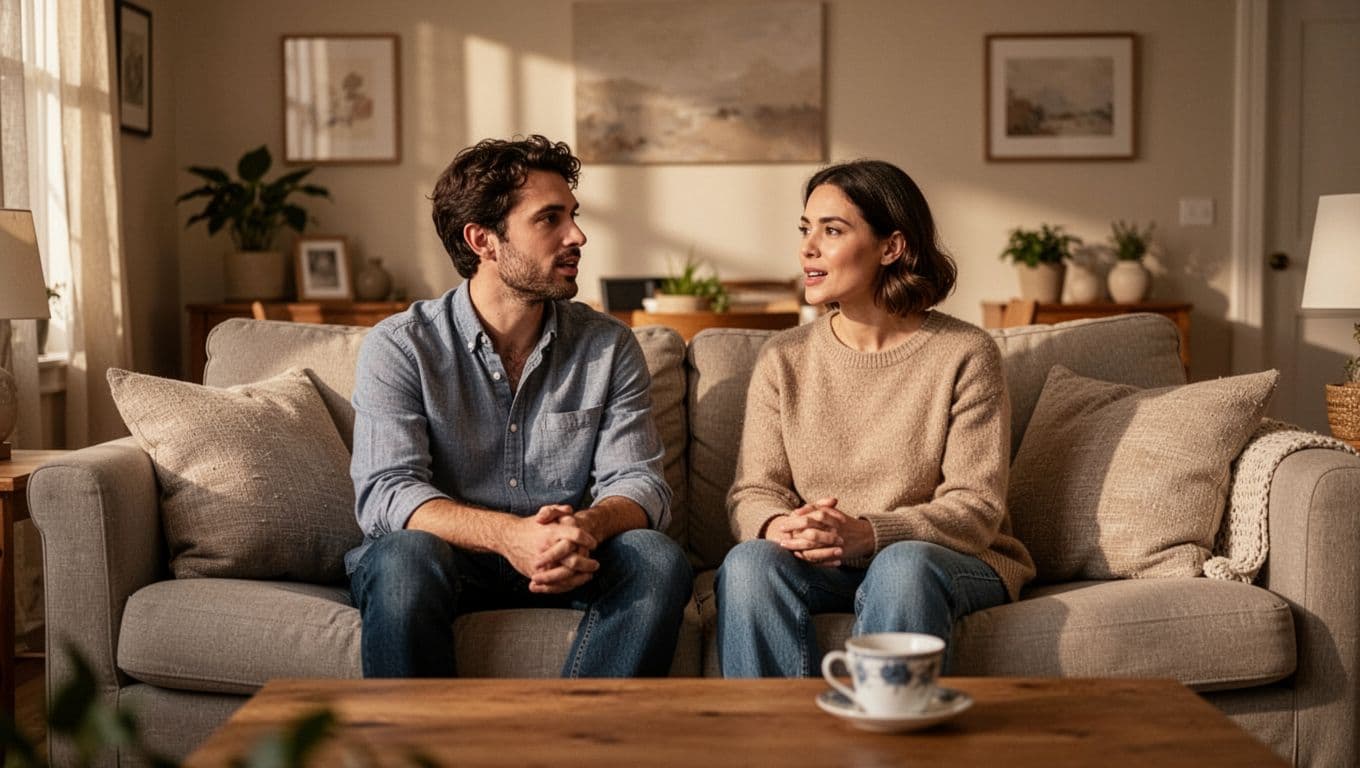 A couple sits together on a sofa having a calm conversation.