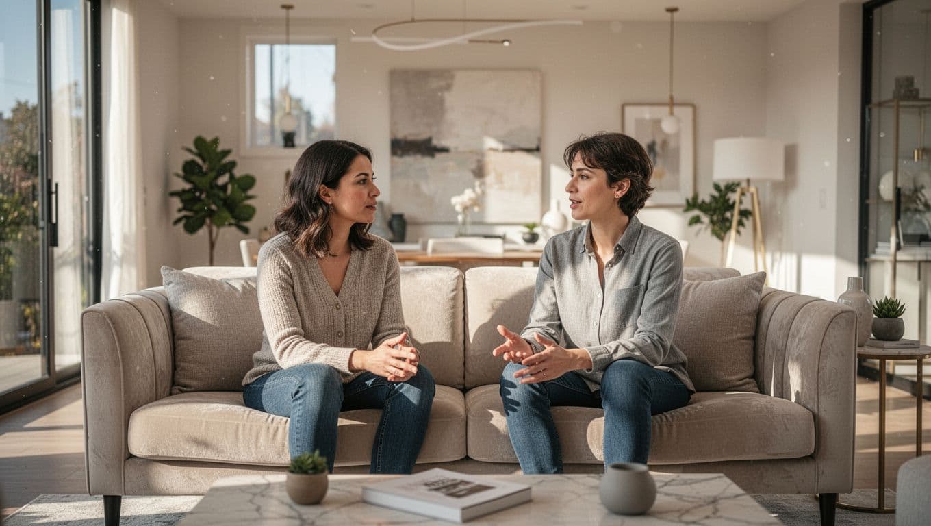 A couple calmly talking together on a sofa in a bright living room.