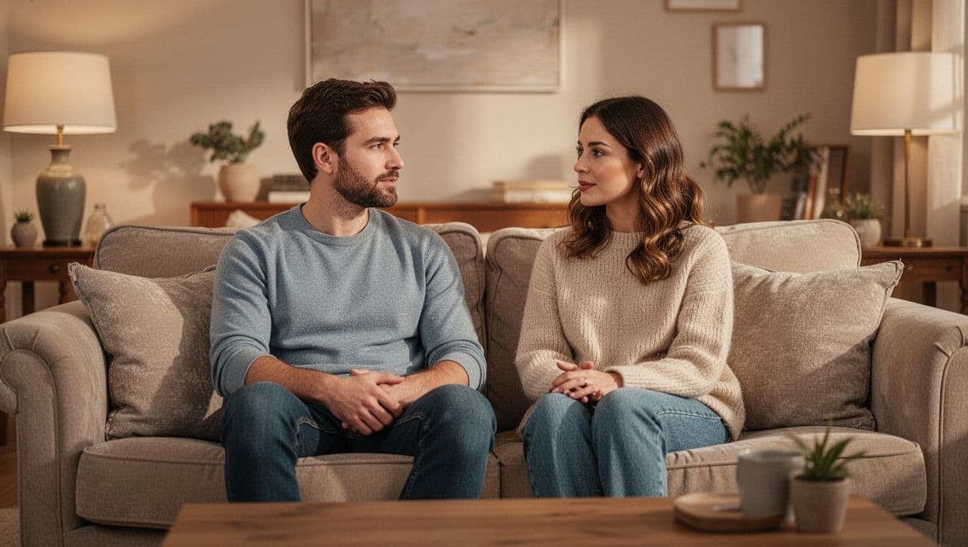 A relaxed couple talking together on a sofa in a warm living room.