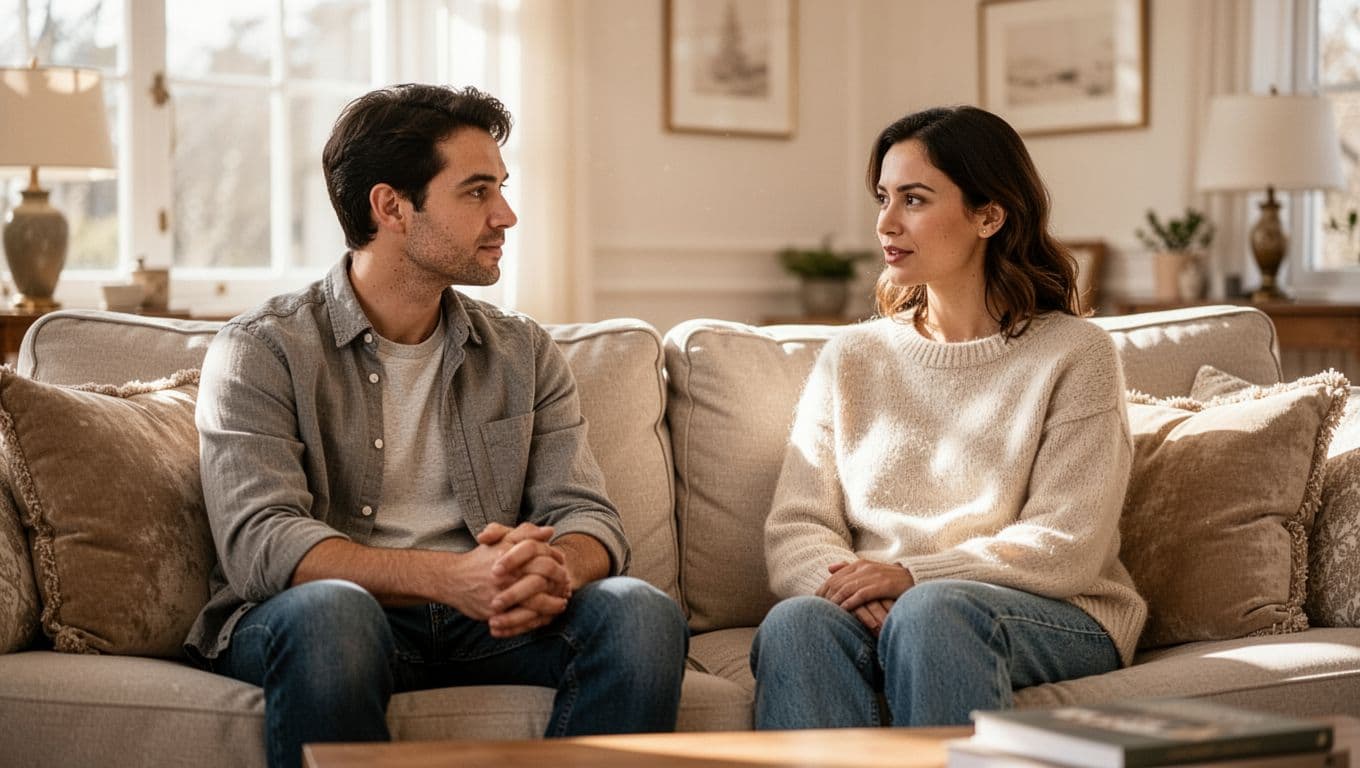 A couple calmly talking together on a couch in a bright living room.