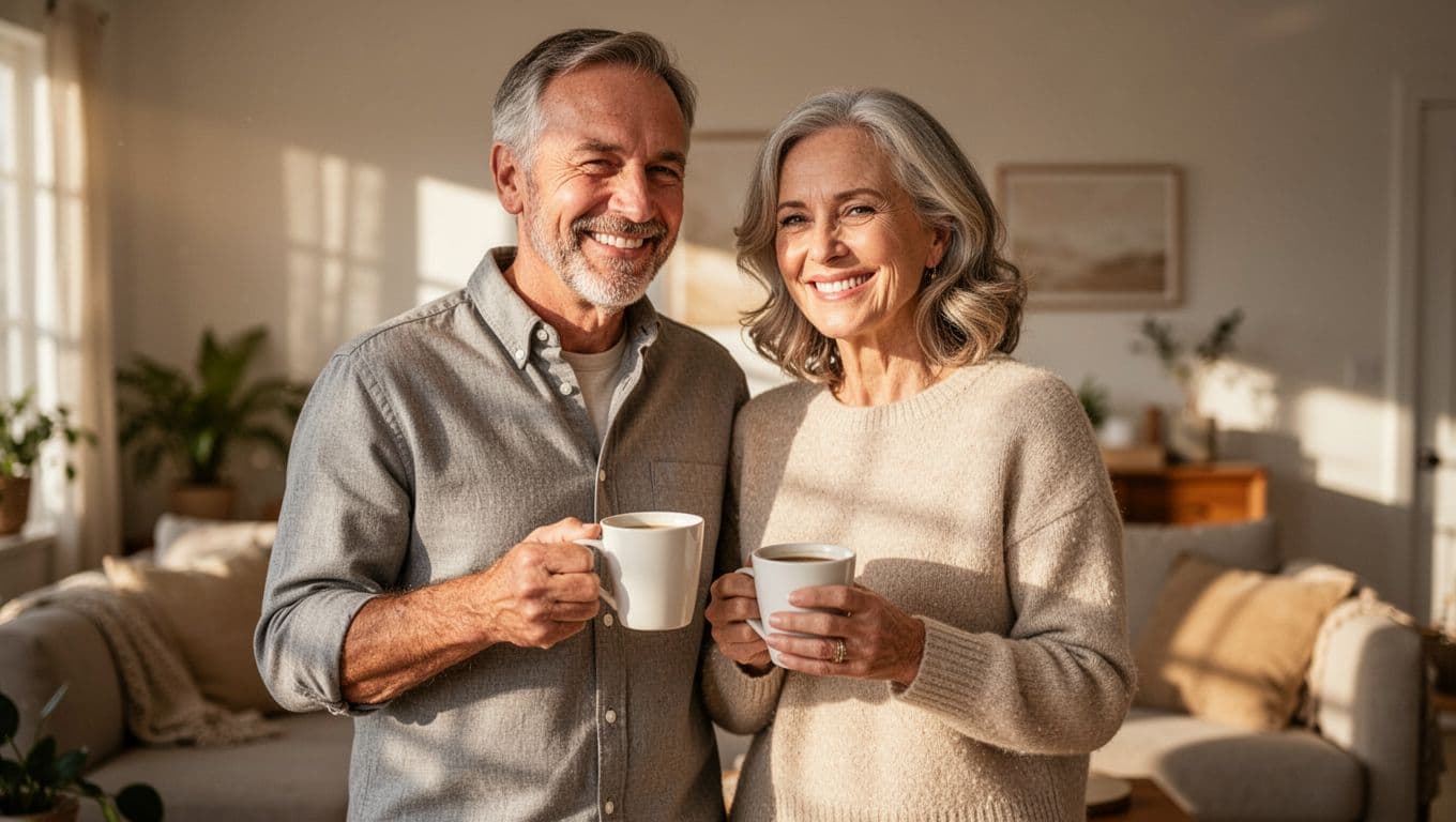 Smiling couple holding coffee cups together in a sunny living room.
