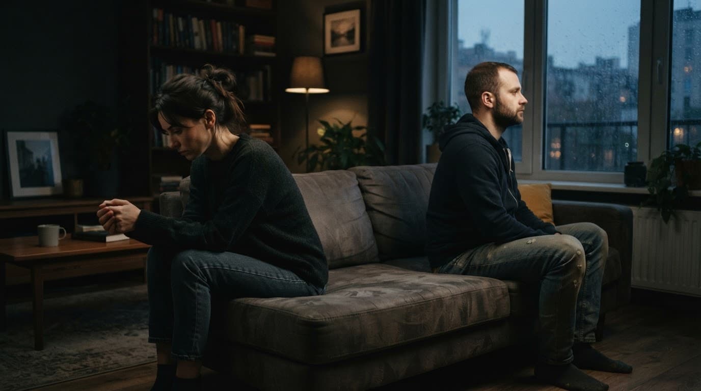 A couple sits apart on a couch, facing away from each other.