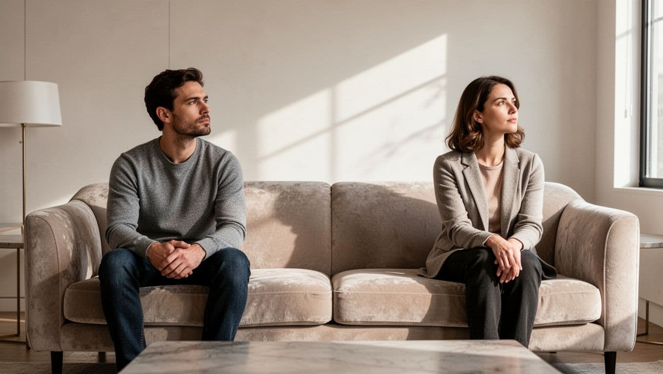 A couple sits apart on a sofa, looking away from each other in a bright living room.