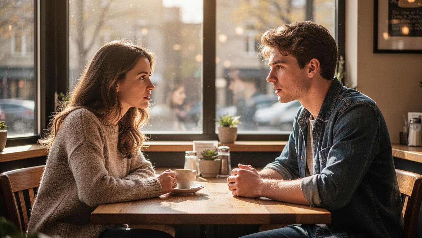 A couple having a serious conversation at a sunlit café table with tea.