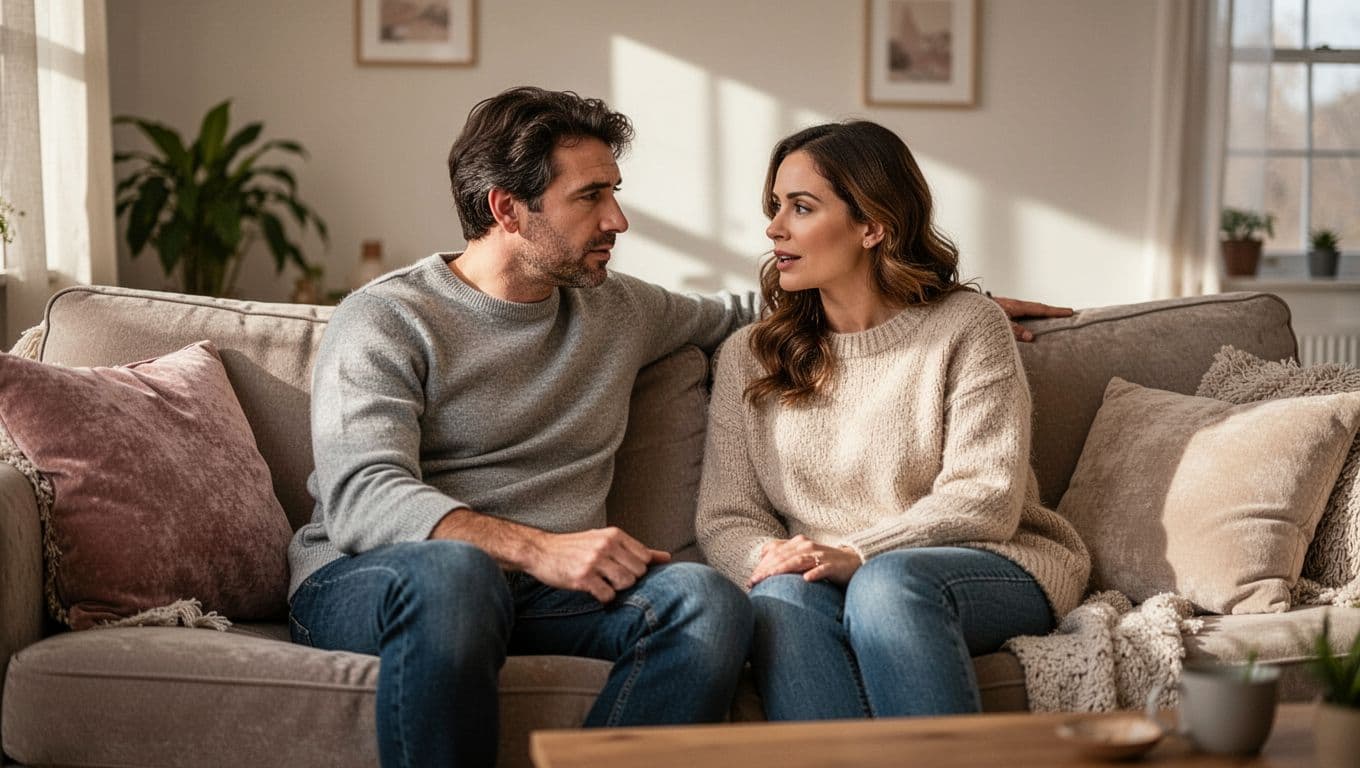 A couple sits together on a couch having a calm, honest conversation.