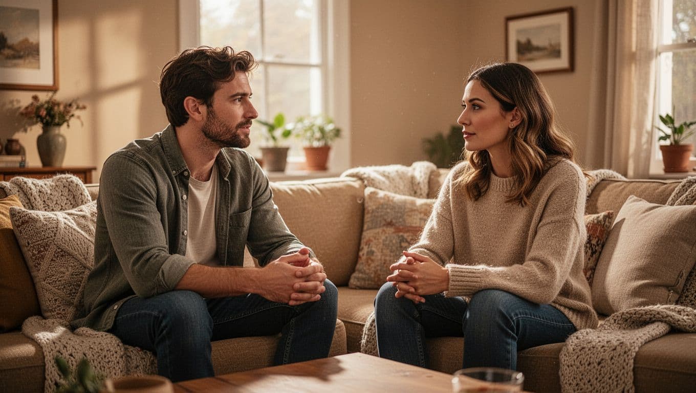 A couple having a relaxed conversation on a sofa in a warm living room.