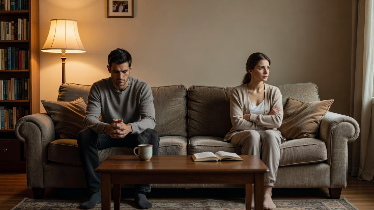 A young man and woman sit on opposite ends of a couch in a warmly lit living room.