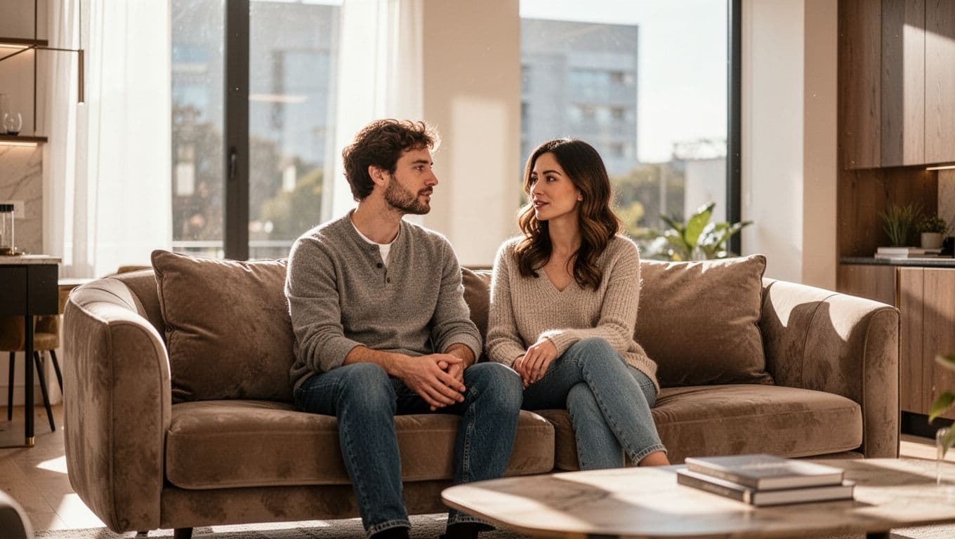 A couple calmly talking together on a sofa in a bright modern living room.