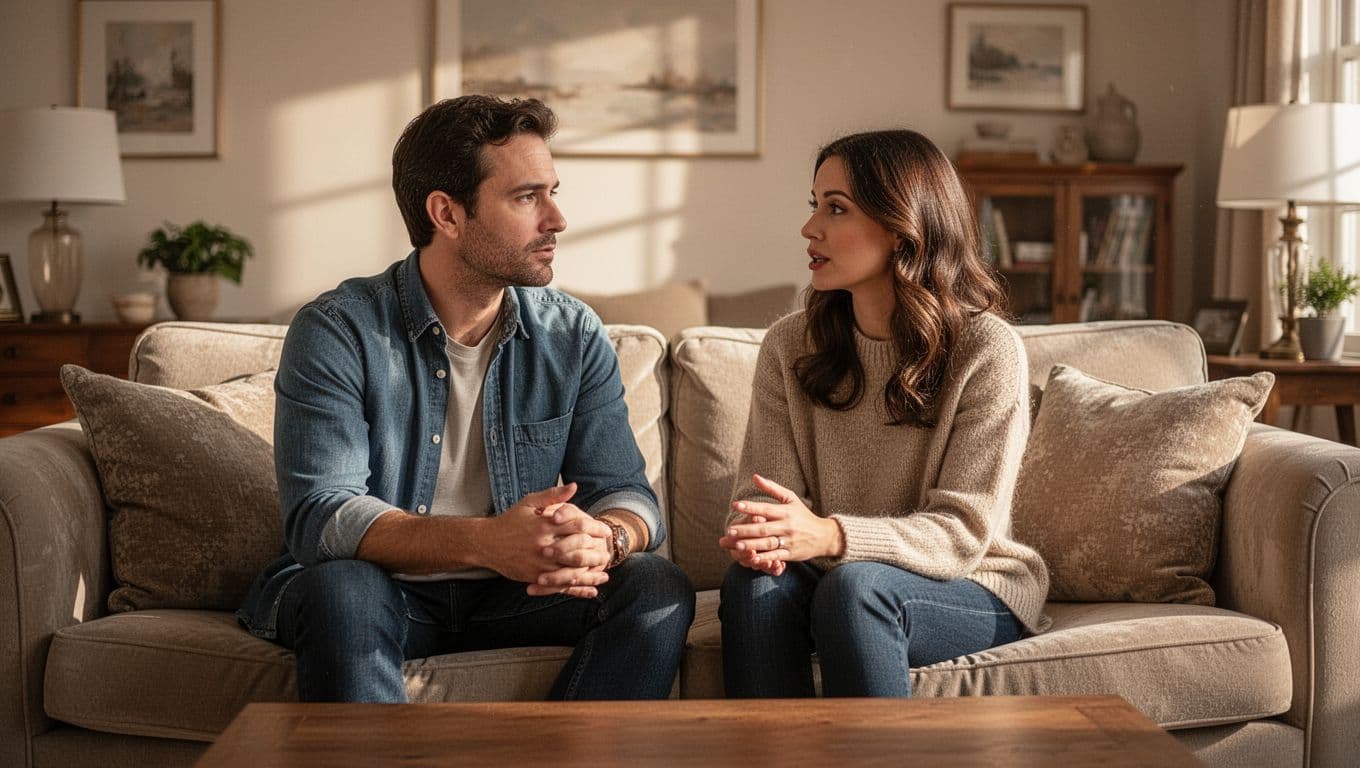 A couple sitting together on a sofa and talking warmly in a cozy living room.