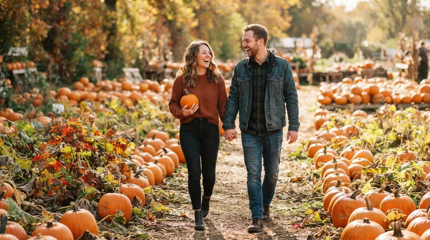 A laughing couple walks through an orange pumpkin patch in autumn sunlight.