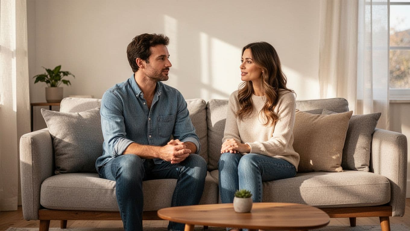 A man and woman calmly talking together on a modern sofa.