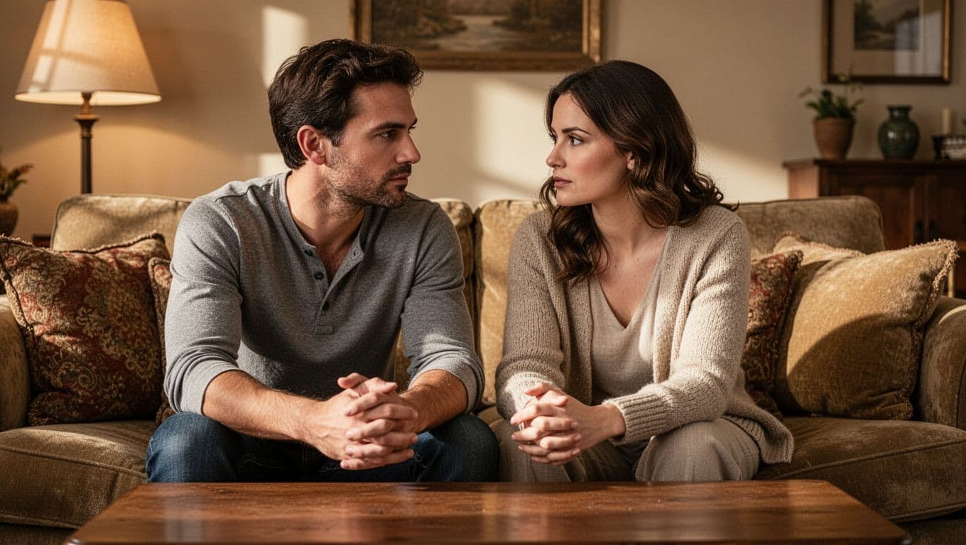 A couple shares a quiet conversation in a warmly lit living room.