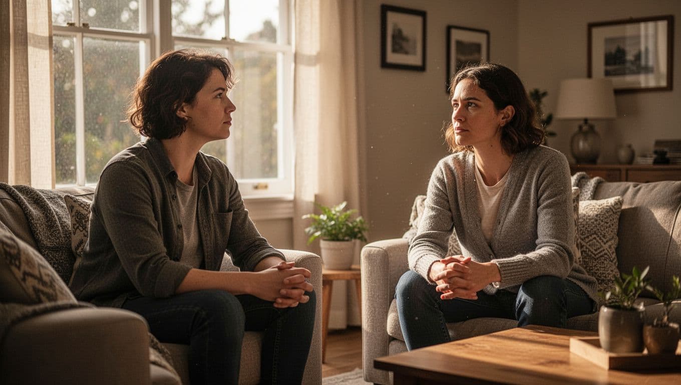 A couple sits quietly in a living room, one looking out the window and the other reflecting.