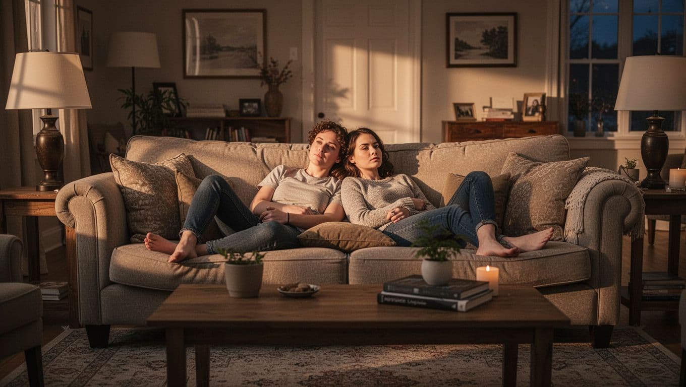 A couple relaxing together on a sofa in warm evening light.