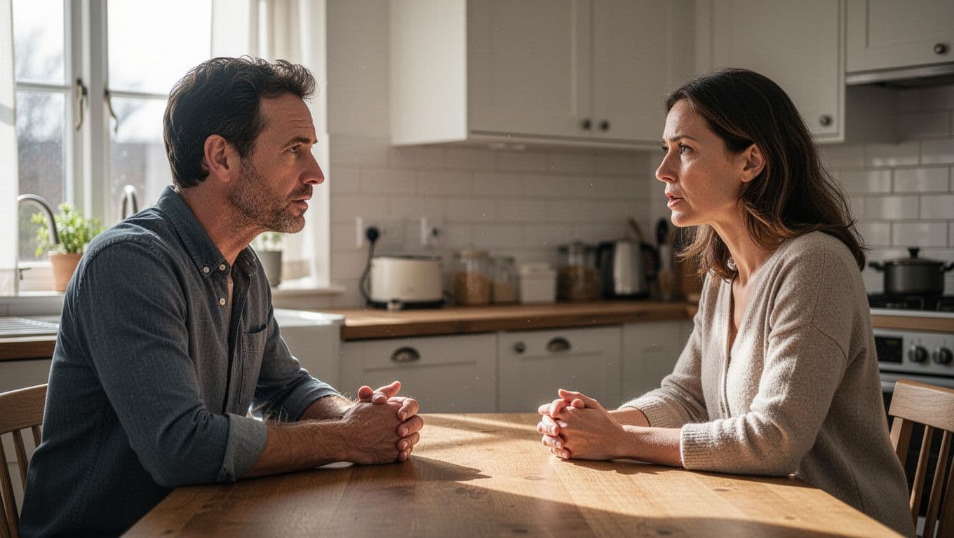 A couple having a serious conversation at a kitchen table in soft natural light.