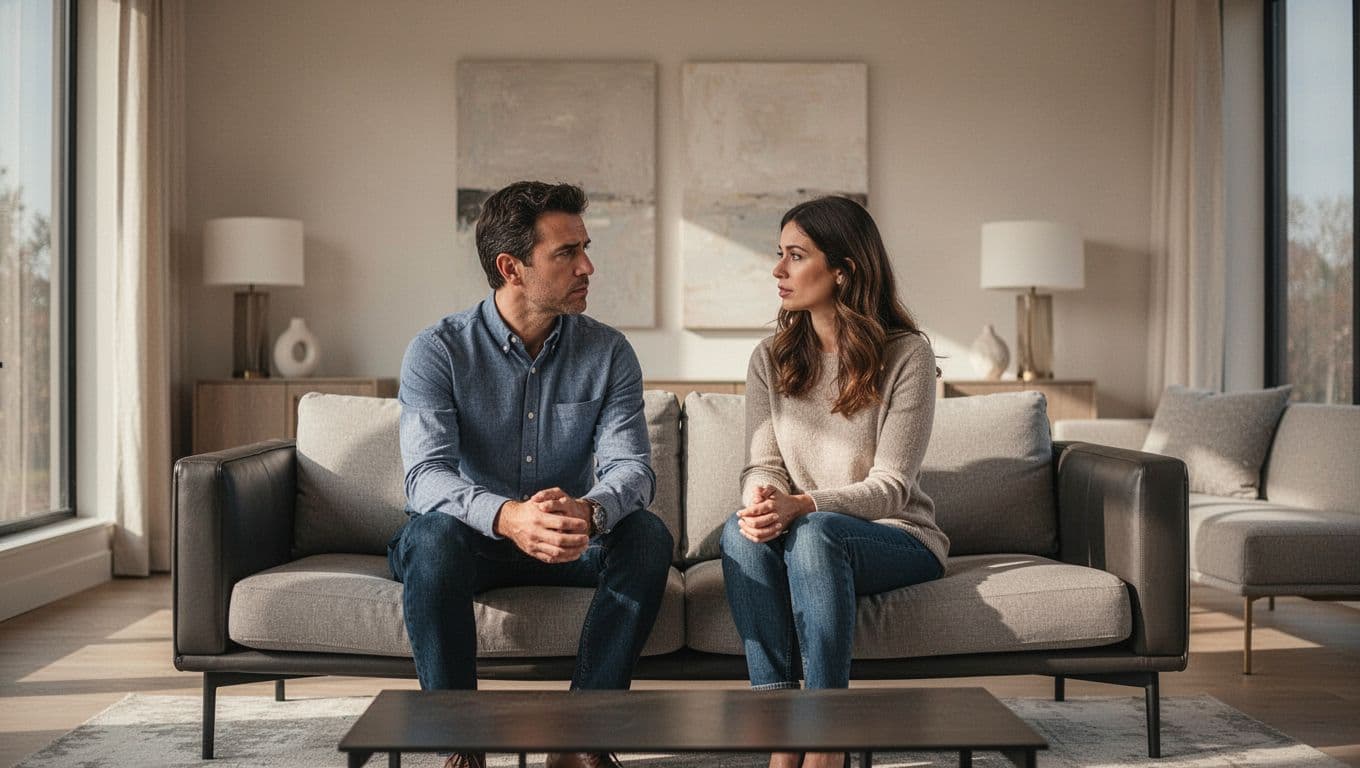 A man and woman have a serious conversation on a sofa in a bright living room.