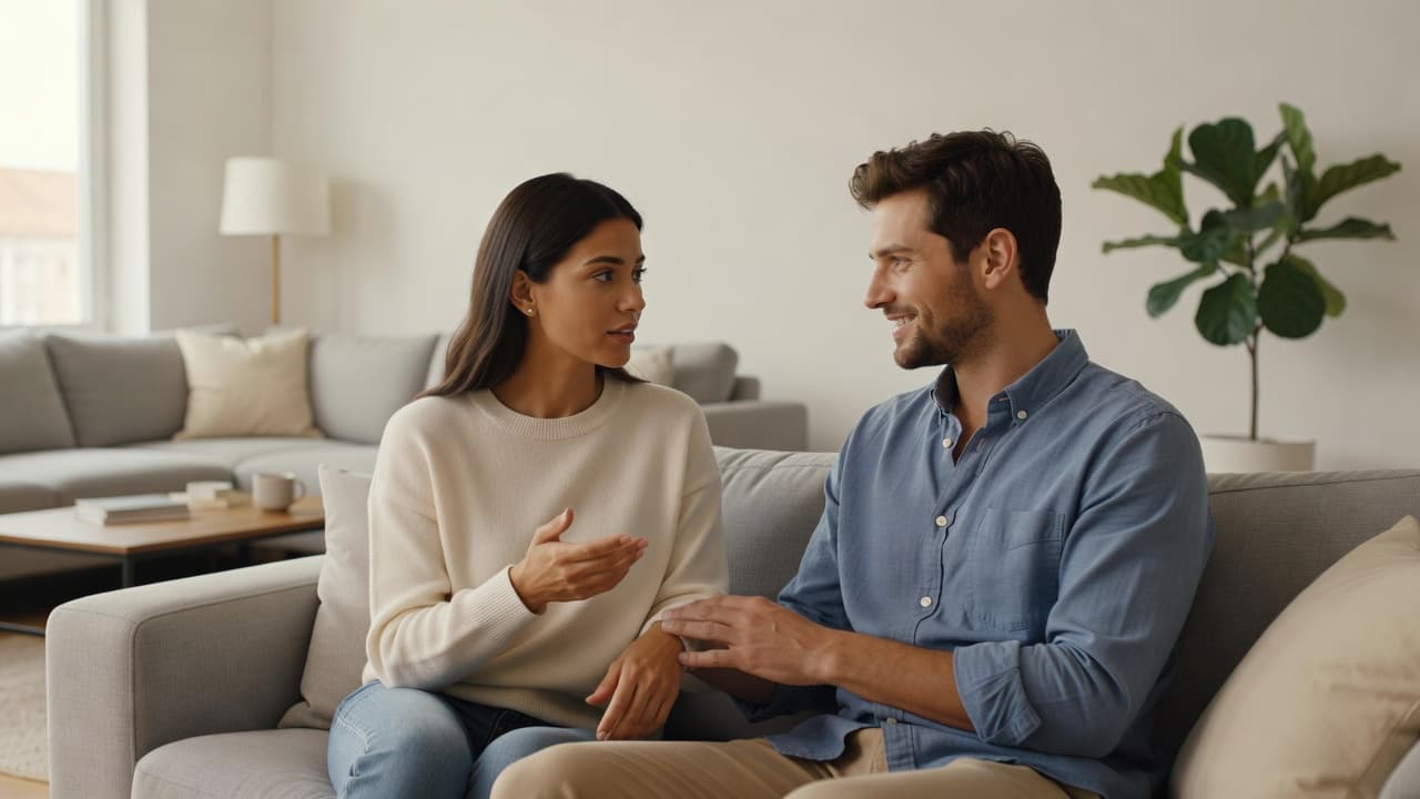 A young couple talking calmly together on a modern sofa in a bright living room.