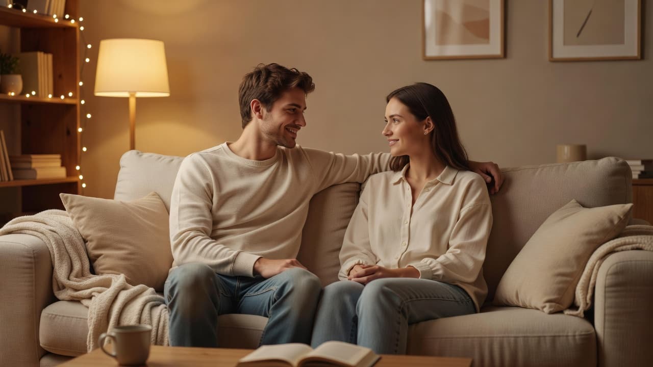 A young couple sitting together on a couch having a calm conversation.