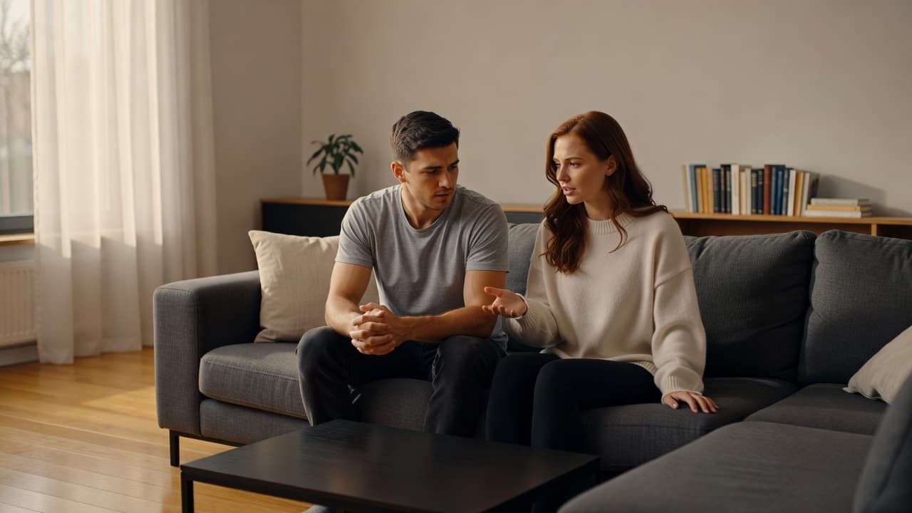 A young man and woman sitting together on a sofa having a serious conversation.