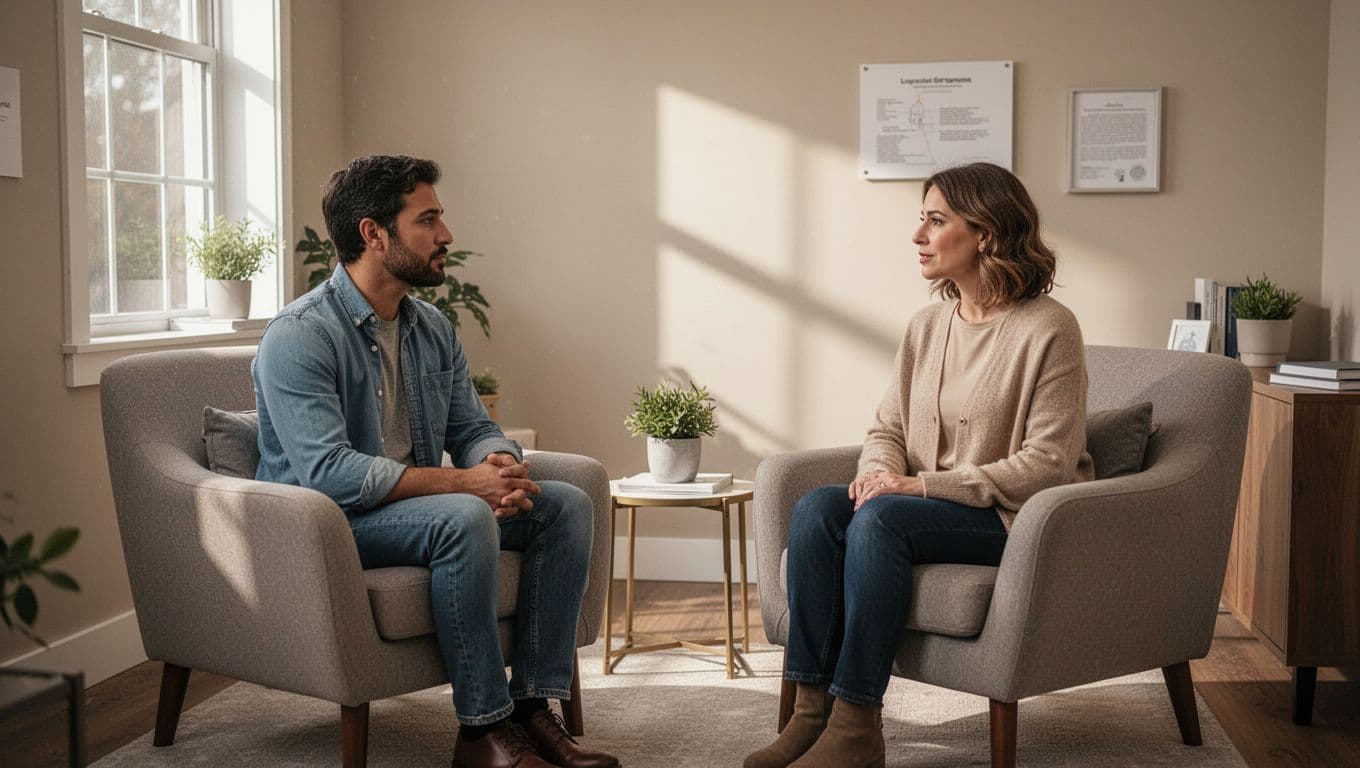 A couple talks while seated in armchairs during a therapy session.