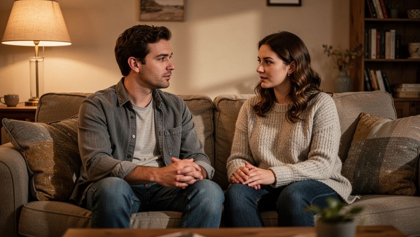 A couple sits together on a couch having a quiet conversation.