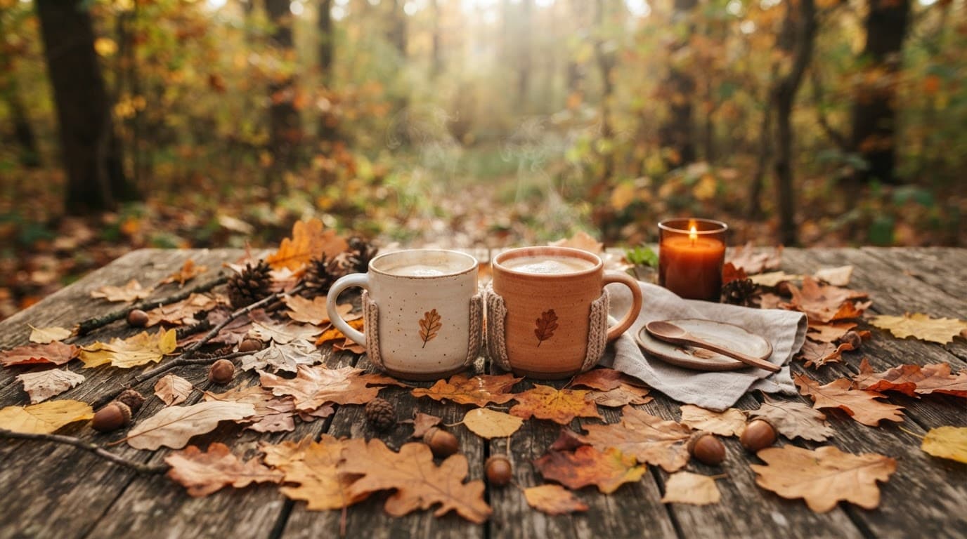 Two warm coffee mugs sit on a wooden table among autumn leaves.