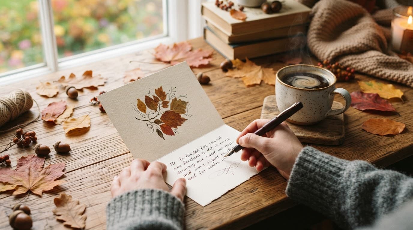 A handwritten card, autumn leaves, and coffee on a cozy wooden desk.