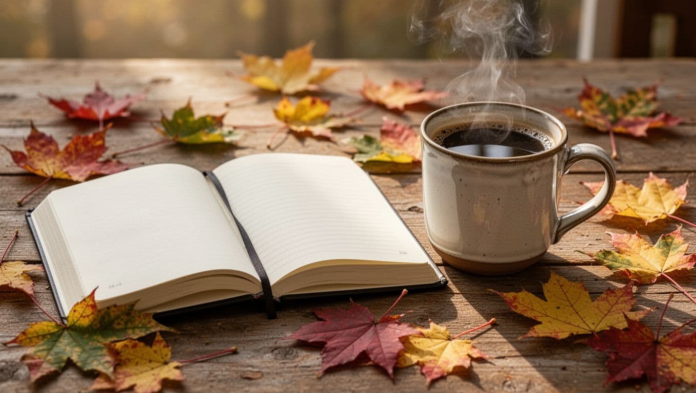Open journal and steaming coffee mug surrounded by maple leaves on a wooden table.