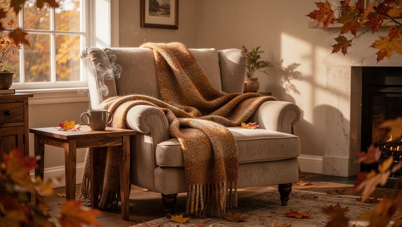 Cozy armchair with a blanket, steaming mug, and autumn sunlight by a window.
