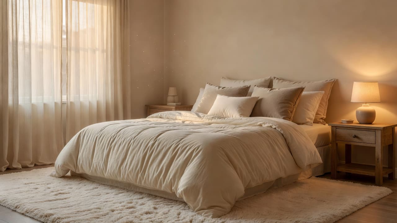 A comfortable bed with plush pillows and warm lighting in a cozy bedroom.
