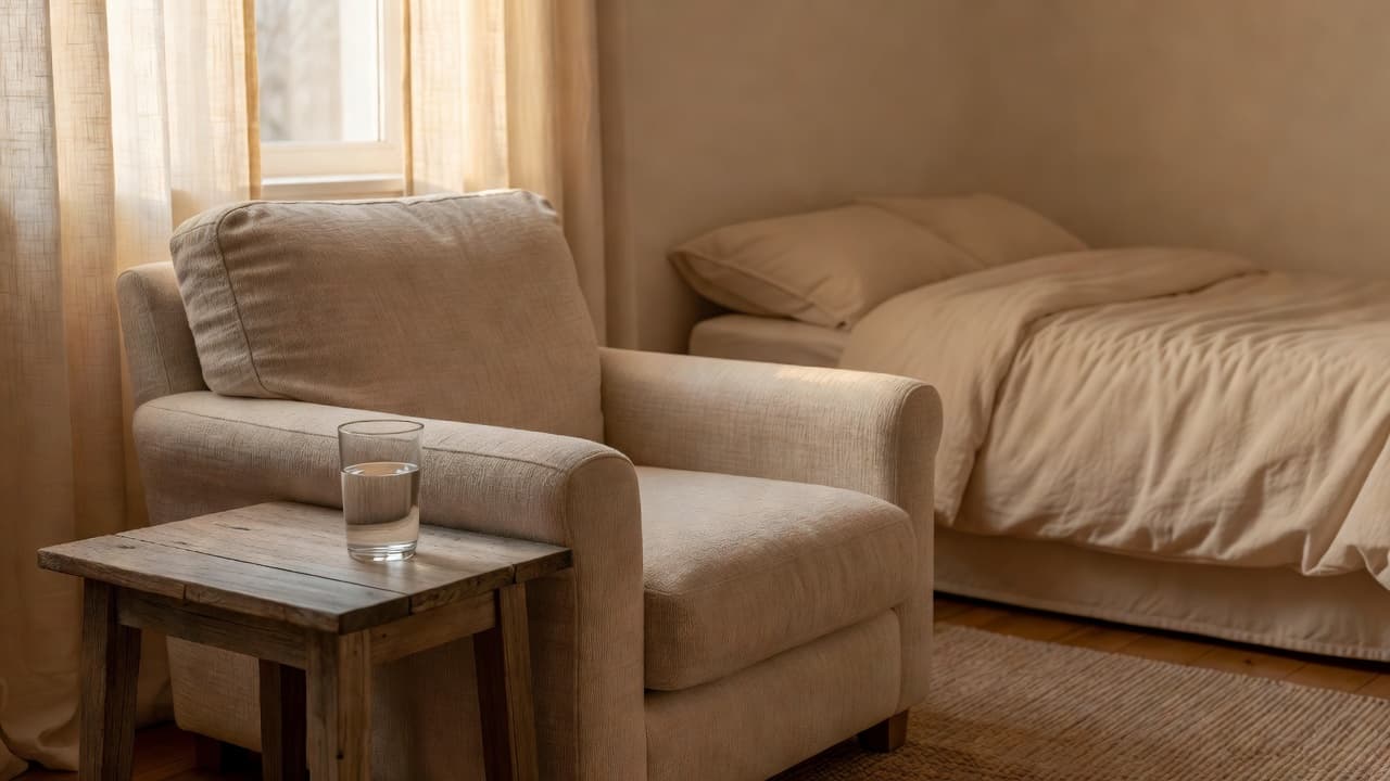 An armchair and a small wooden side table with a glass of water in a warm bedroom.