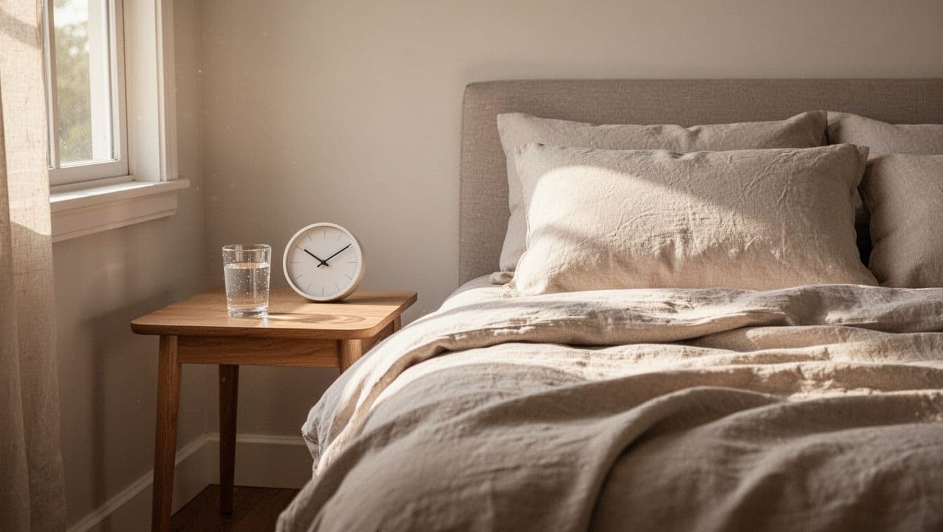 A neatly made bed beside a table with water and an analog clock.
