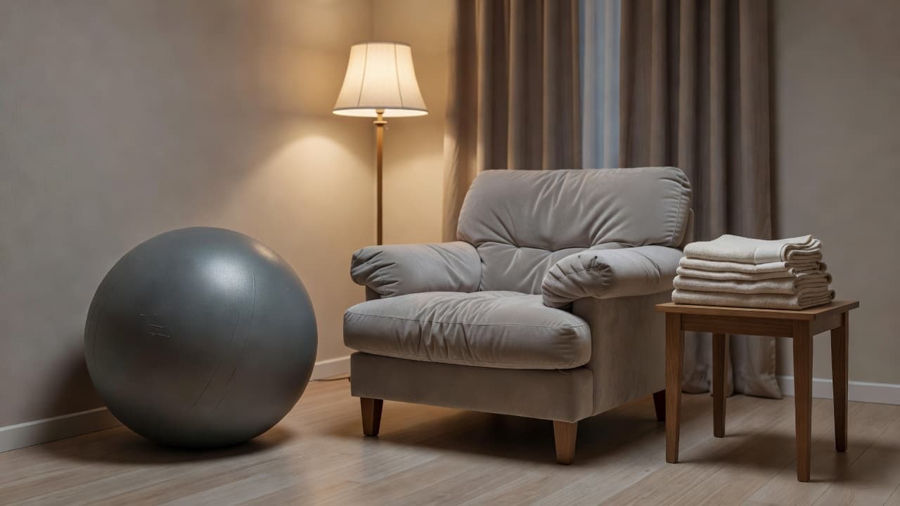 A calm birthing room with a comfortable armchair and birth ball under soft lighting.