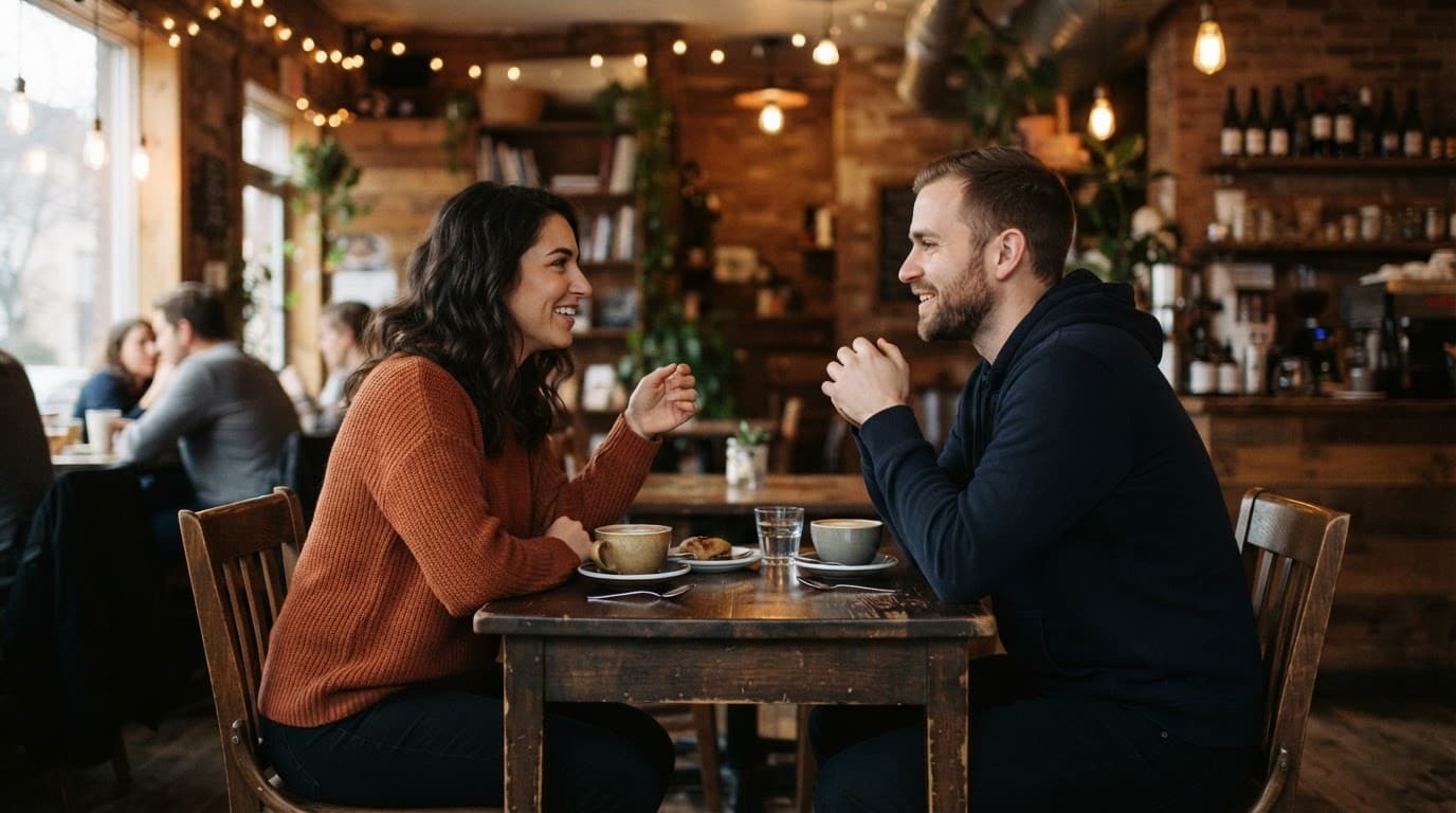 A man and woman having a relaxed conversation at a small caf&eacute; table.