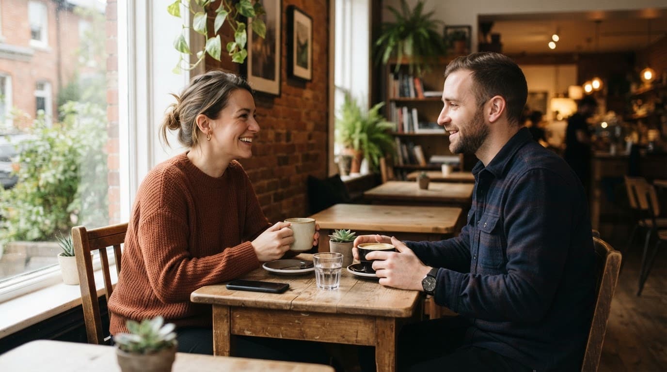 Two people relax across a small table with coffee in a warmly lit room.