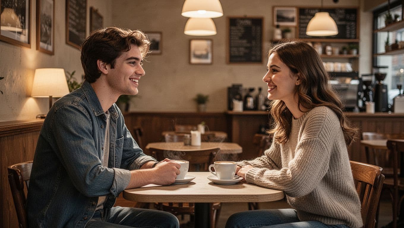 Two people smile while talking at a coffee shop table.