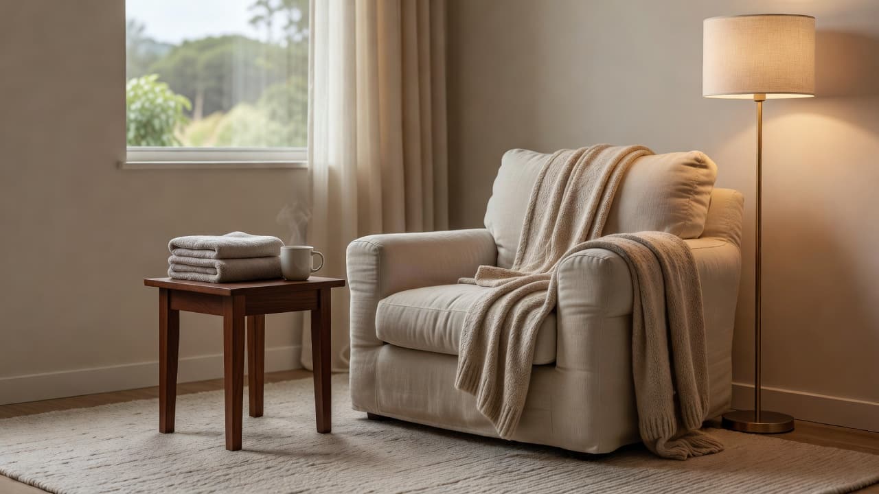 An armchair and small wooden table in a cozy, softly lit room.