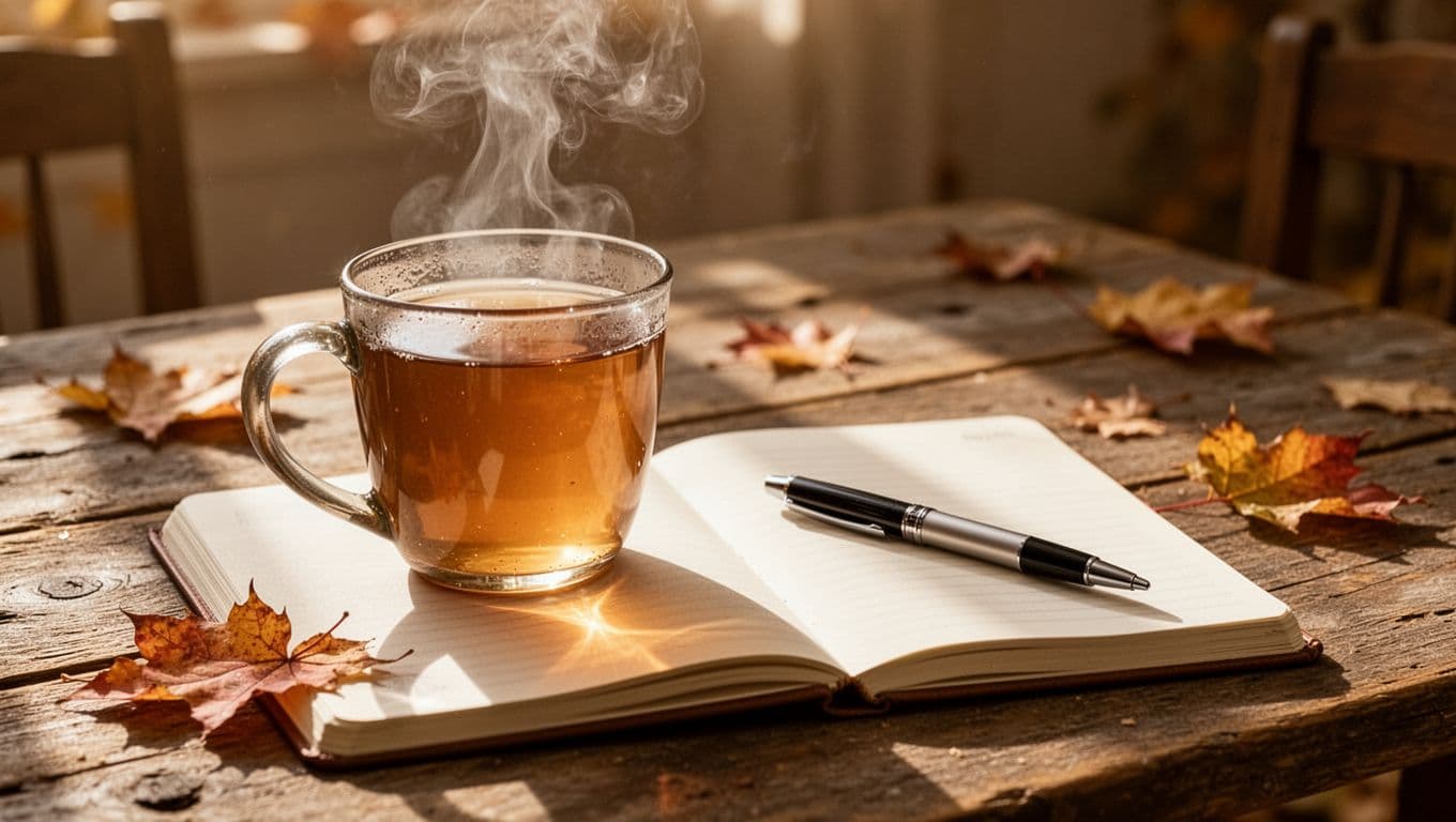 Warm tea, an open journal, and a pen sit on a sunlit rustic table.