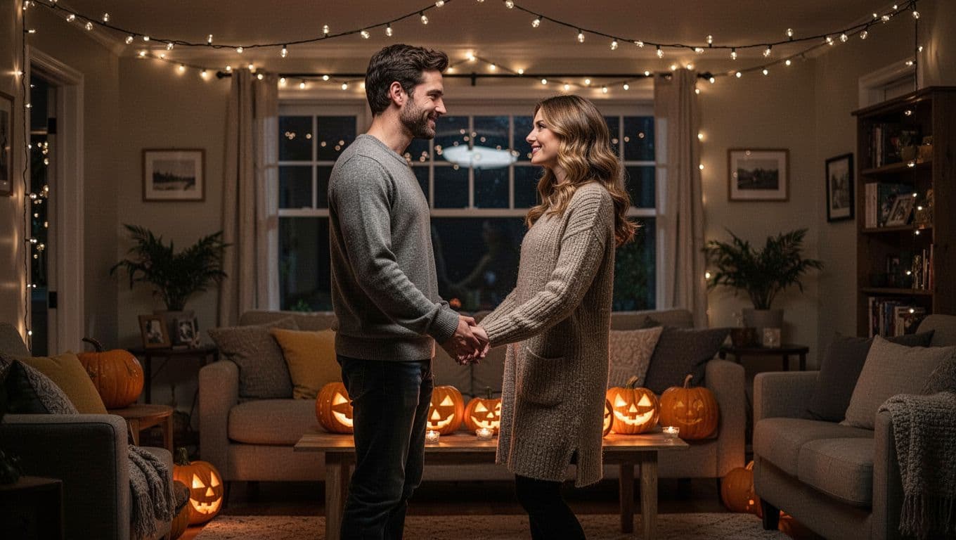 A couple slow dances beside glowing pumpkins and warm fairy lights.
