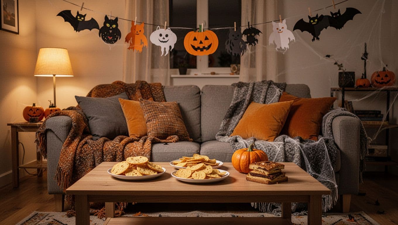 Cozy Halloween date setting with blankets, snacks, paper decorations, and a warm lamp.