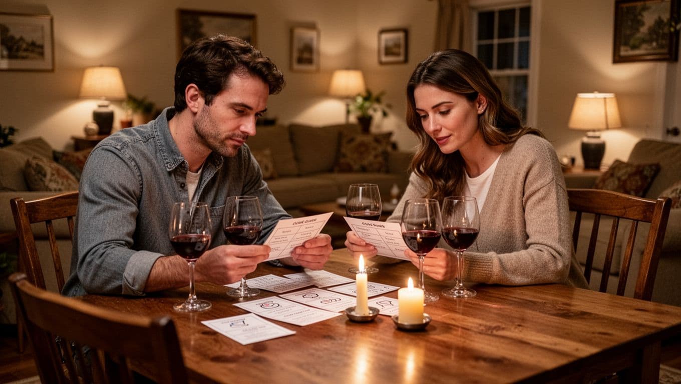 Two people sit behind a candlelit table with wine glasses and mystery clues.