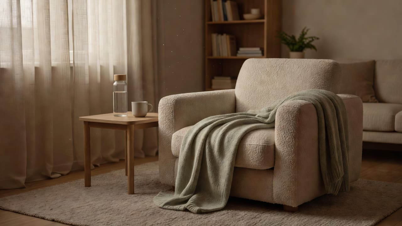 An armchair with a soft blanket and a water bottle on a side table in a dimly lit room.