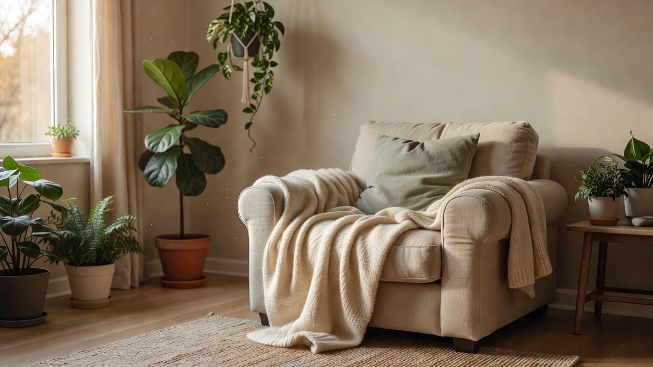 A comfortable armchair with a blanket and plants in a sunny living room.