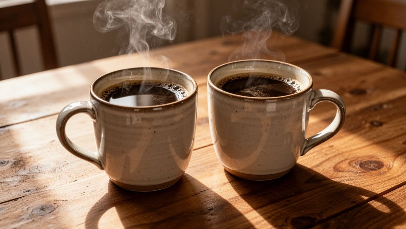 Two ceramic coffee mugs sit on a wooden table in soft morning sunlight.