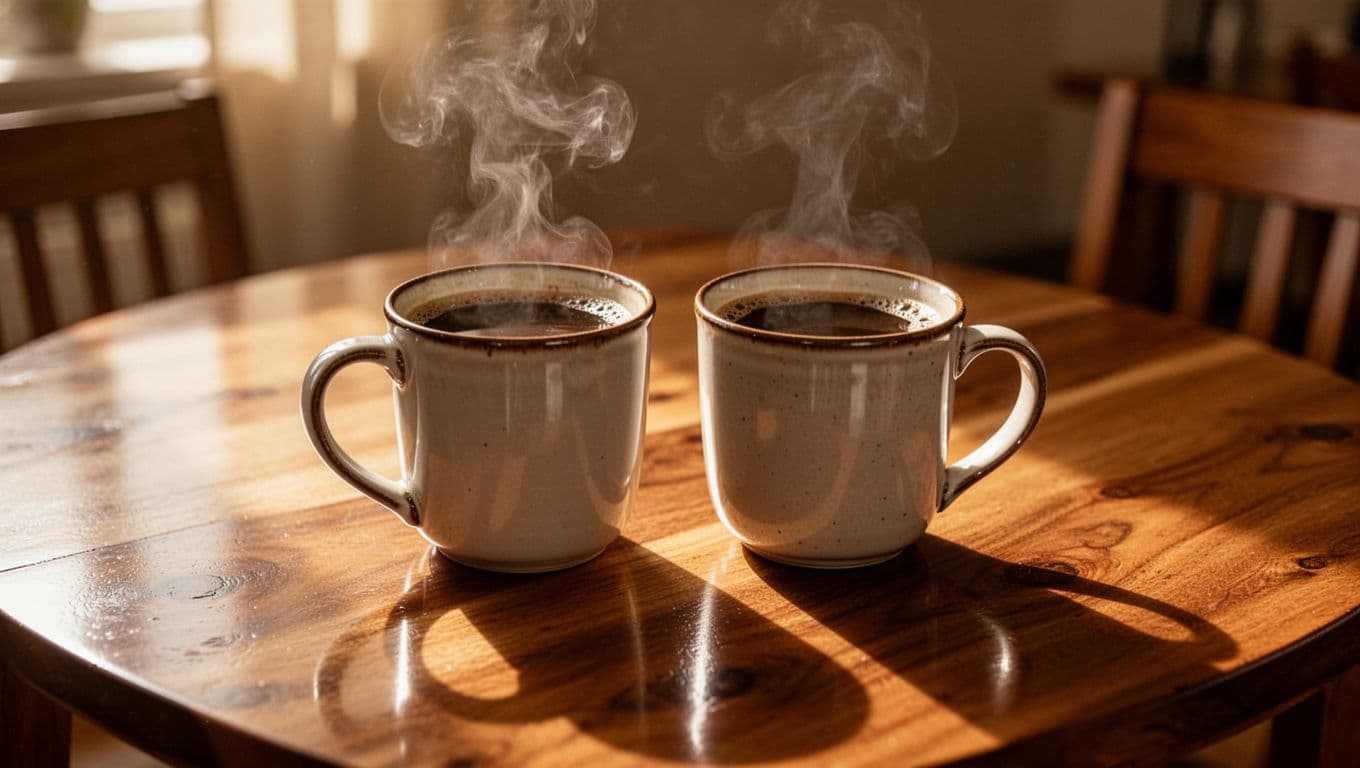 Two coffee mugs sit on a wooden table in warm morning light.