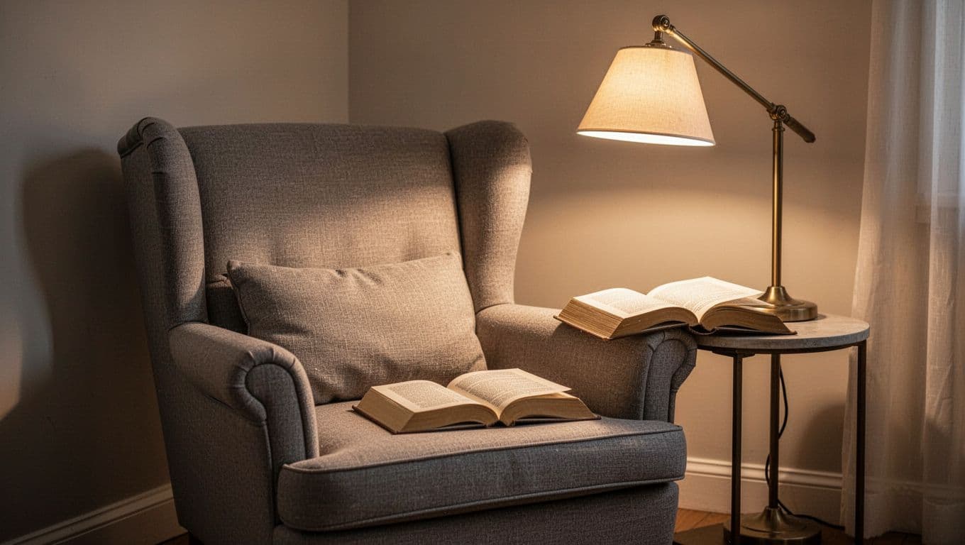 An armchair, warm lamp, and open book create a peaceful reading corner.