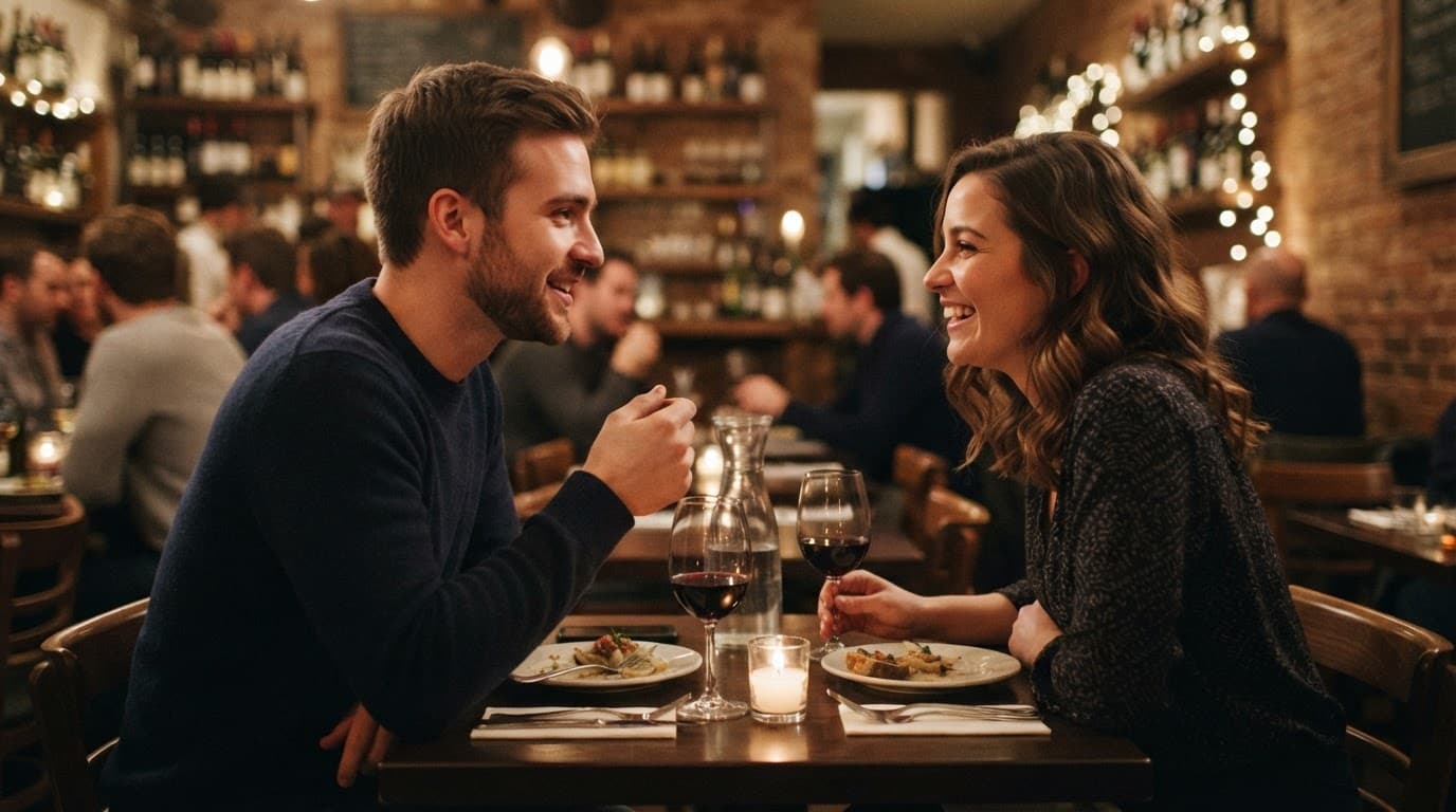 A man and woman have a relaxed conversation at a warmly lit restaurant table.